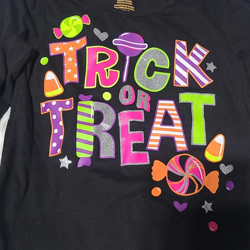 Girls Halloween Trick or Treat Long Sleeve tee Shirt Glitter GUC size 4 Pumpkin - Picture 2 of 2